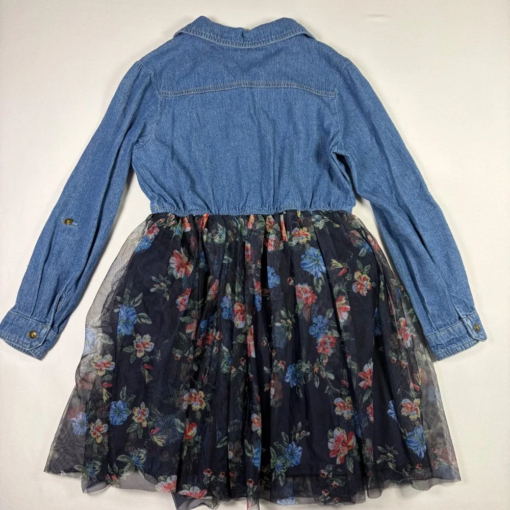 Zunie Denim Floral Tulle Mixed Media Long Sleeve Cottagecore Dress Girls 10